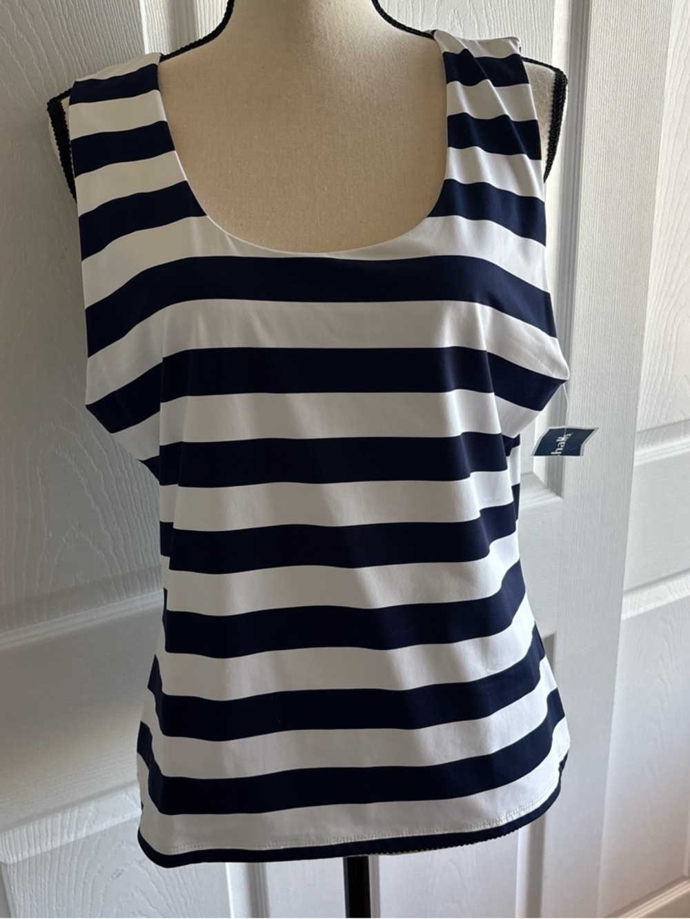 Tahari Navy & White Striped Sleeveless Scoop Neck Top